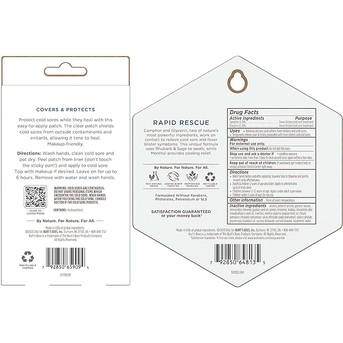 Burt's Bees Cold Sore Treatment Bundle with Burt’s Bees Cold Sore Healing Patches and Burt’s Bees Cold Sore Treatment with Rhubarb and Sage, Protects and Heals Cold Sores, Relieves Symptoms-Velvo Beauty