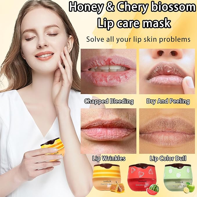 3 Pcs Bee Lip Balm Honey Pot with Stick,Moisturizing Lip Mask Overnight,Day and Night Tinted Sleeping Lip Balm,Hydrating Lip Scrubs Exfoliator & Moisturizer-Velvo Beauty