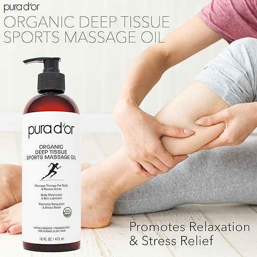 PURA D'OR 16 Oz Organic Deep Tissue Sports Massage - Jojoba, Sunflower, Almond, Grapefruit & Eucalyptus Oils - Alleviate Muscle Soreness-Velvo Beauty