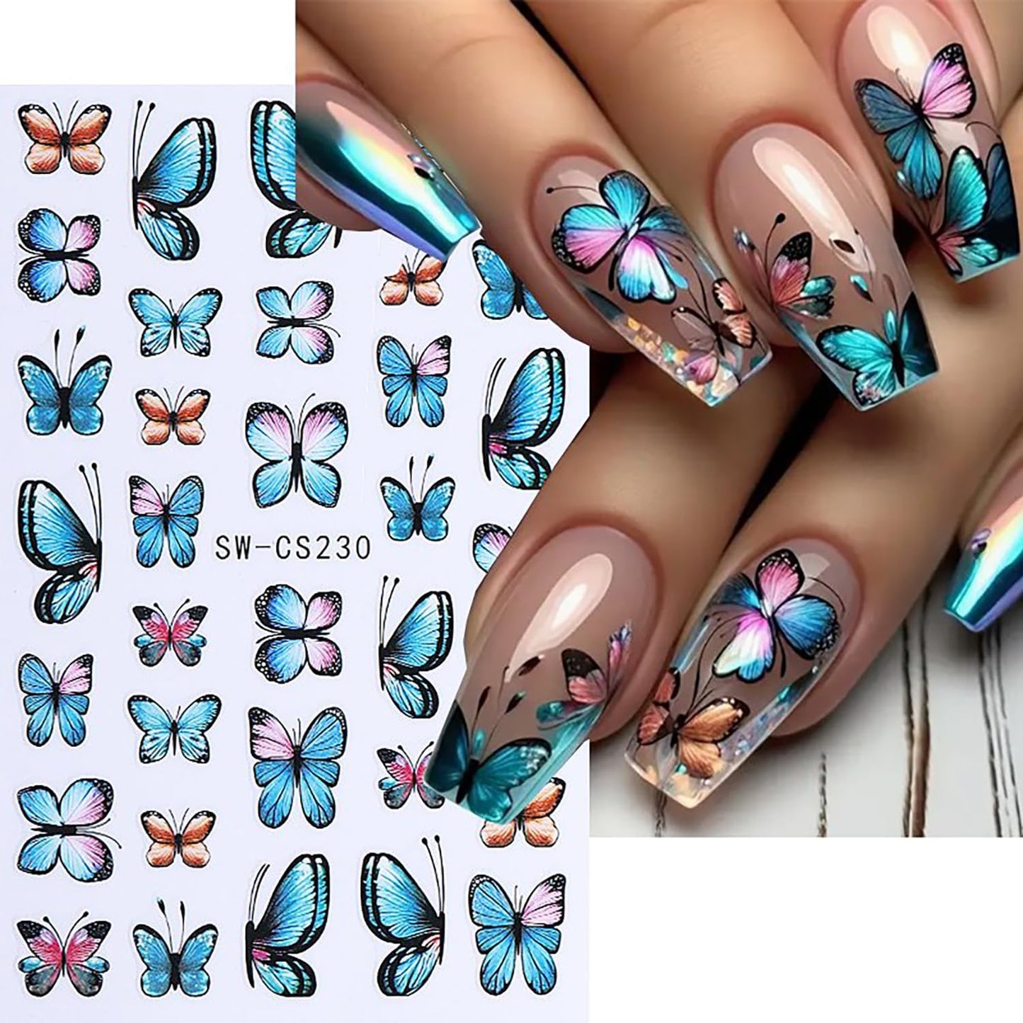 Butterfly Nail Art Stickers Gold Butterflies Nails Art Decals 3D Self-Adhesive Nails Sticker Holographic Spring Decal Decoration for Women Blue Butterfly Manicure Stickers DIY Nail Supplies-Velvo Beauty