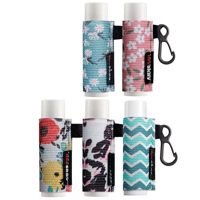 5pcs Lip Balm Holder Keychain Lipstick Sleeves Chapstick Lip Gloss Holder Keychain Elastic Sleeves for Men Women(Wave/Flower/Leo)-Velvo Beauty