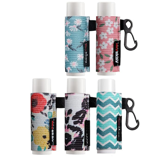 5pcs Lip Balm Holder Keychain Lipstick Sleeves Chapstick Lip Gloss Holder Keychain Elastic Sleeves for Men Women(Wave/Flower/Leo)-Velvo Beauty
