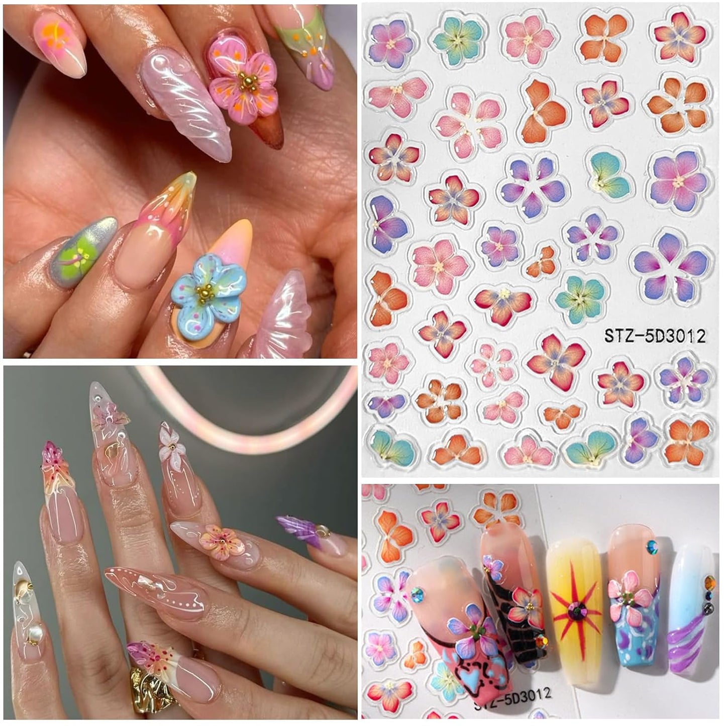 Flower Nail Art Stickers 5D Embossed Nail Decals Spring Summer Colorful Flower Nails Design Self-Adhesive 3D Accessories for Women Nails DIY Decoration(6 Sheets)-Velvo Beauty