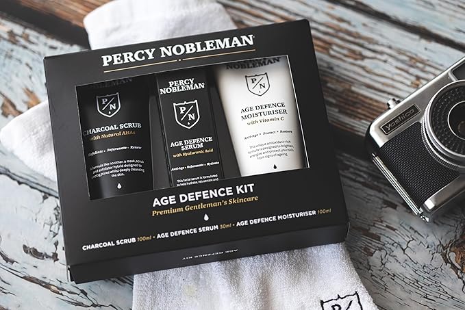 Percy Nobleman Age Defence Kit, a men's skincare set containing Charcoal Face Scrub (with Natural AHAs), ultra-hydrating Facial Serum (with Hyaluronic Acid), and Moisturiser (with Vitamin C)-Velvo Beauty