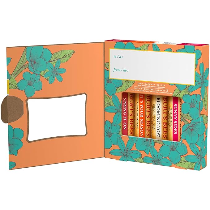 Burt's Bees Lip Balm Easter Basket Stuffers - Just Picked Gifts Set with Pomegranate, Watermelon, Sweet Mandarin, Coconut and Pear Natural Lip Treatment Tubes, 4, 0.15 oz.-Velvo Beauty
