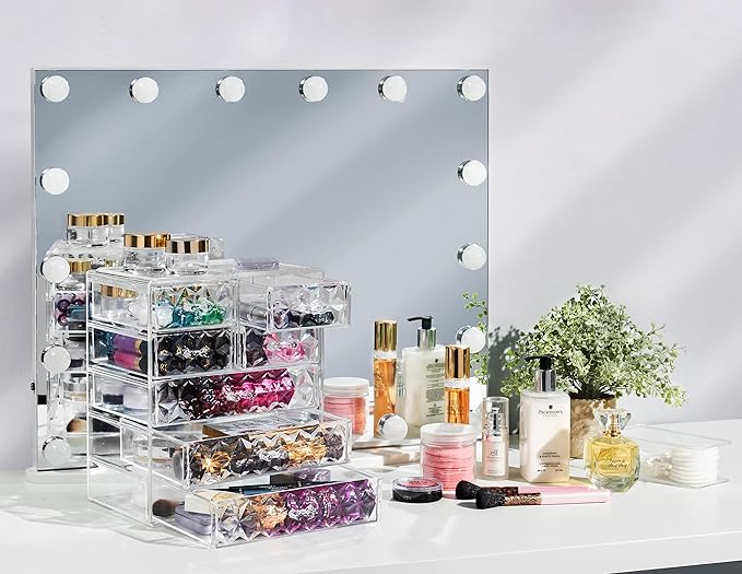Sorbus Acrylic Makeup Organizer - Organization and Storage Case for Cosmetics Make Up & Jewelry - Big Clear Makeup Organizer for Vanity, Bathroom, College Dorm, Closet, Desk (3 Large, 4 Small Drawers)-Velvo Beauty