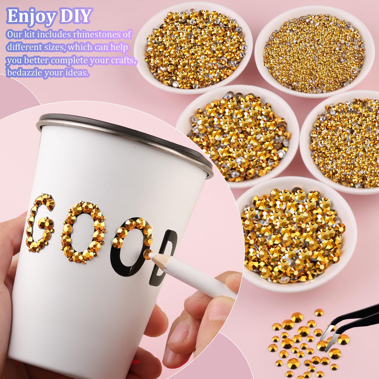 30000Pcs Mine Gold Rhinestones for Bedazzling with B7000 Jewelry Glue, Bedazzler Kit Flatback Gems, Resin Rhinestones for Crafting Crafts Clothing Shoes Fabric Nail Art Assorted Size 2/3/4/5/6mm-Velvo Beauty