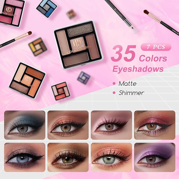 Color Nymph Starter Makeup Kit for Tweens Girls, Train Case for Women Full Kit with Eye Shadow, Lipstick, Blush, Brushes, Lipgloss, Mascara, Brow Wax and Mirror Pink Full Starter Cosmetics Set-Velvo Beauty