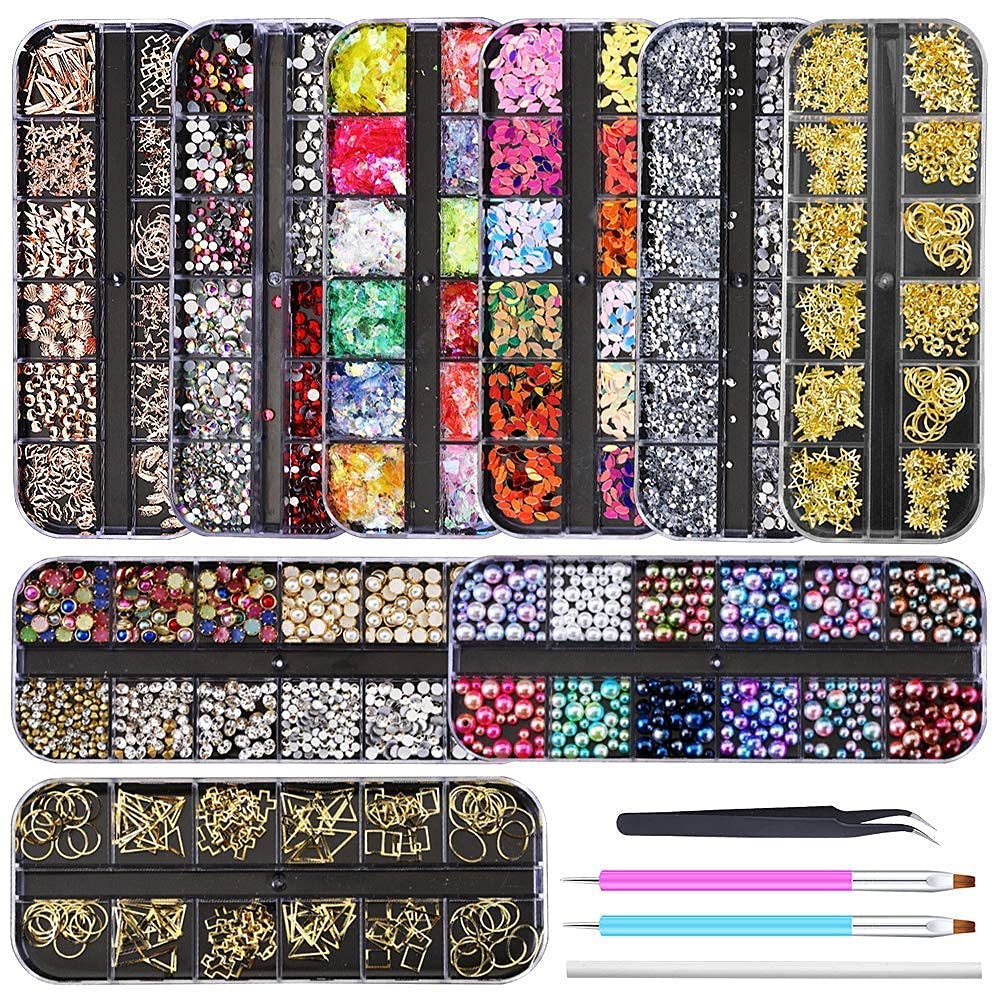 Artdone 9 boxes Nail Rhinestones,Nail Gems Nail Diamonds,Nail Art Studs Nail Crystals Nail Sequins for Nails Kit with 1 Tweezers and 3 Pen for Nail Art Supplies Accessories-Velvo Beauty