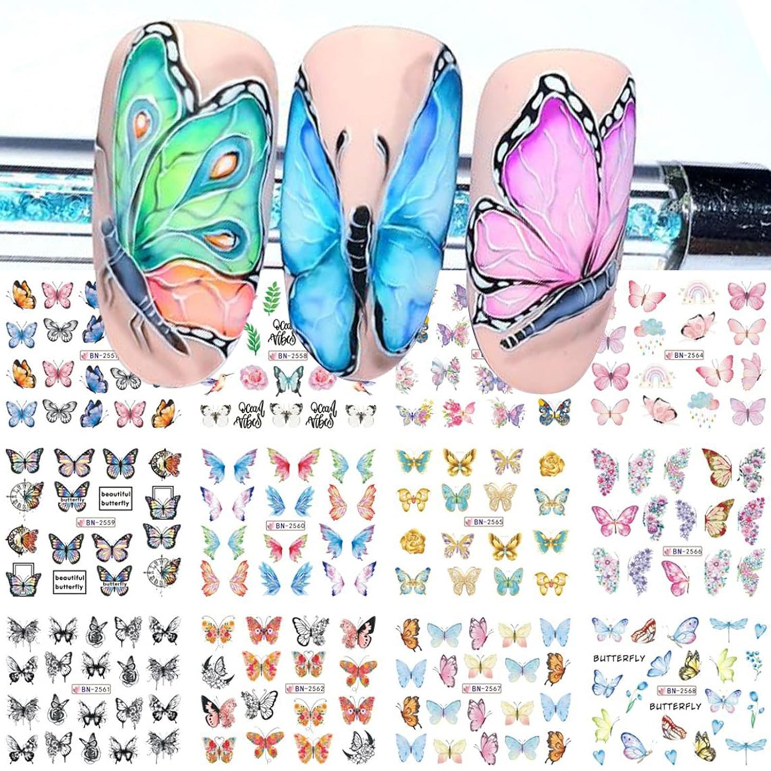 Butterfly Nail Art Sticker Colorful Butterfly Water Transfer Nail Stickers Decal Summer Nail Art Supplies for Acrylic Nail DIY Decoration Manicure Tip 12 Sheets-Velvo Beauty