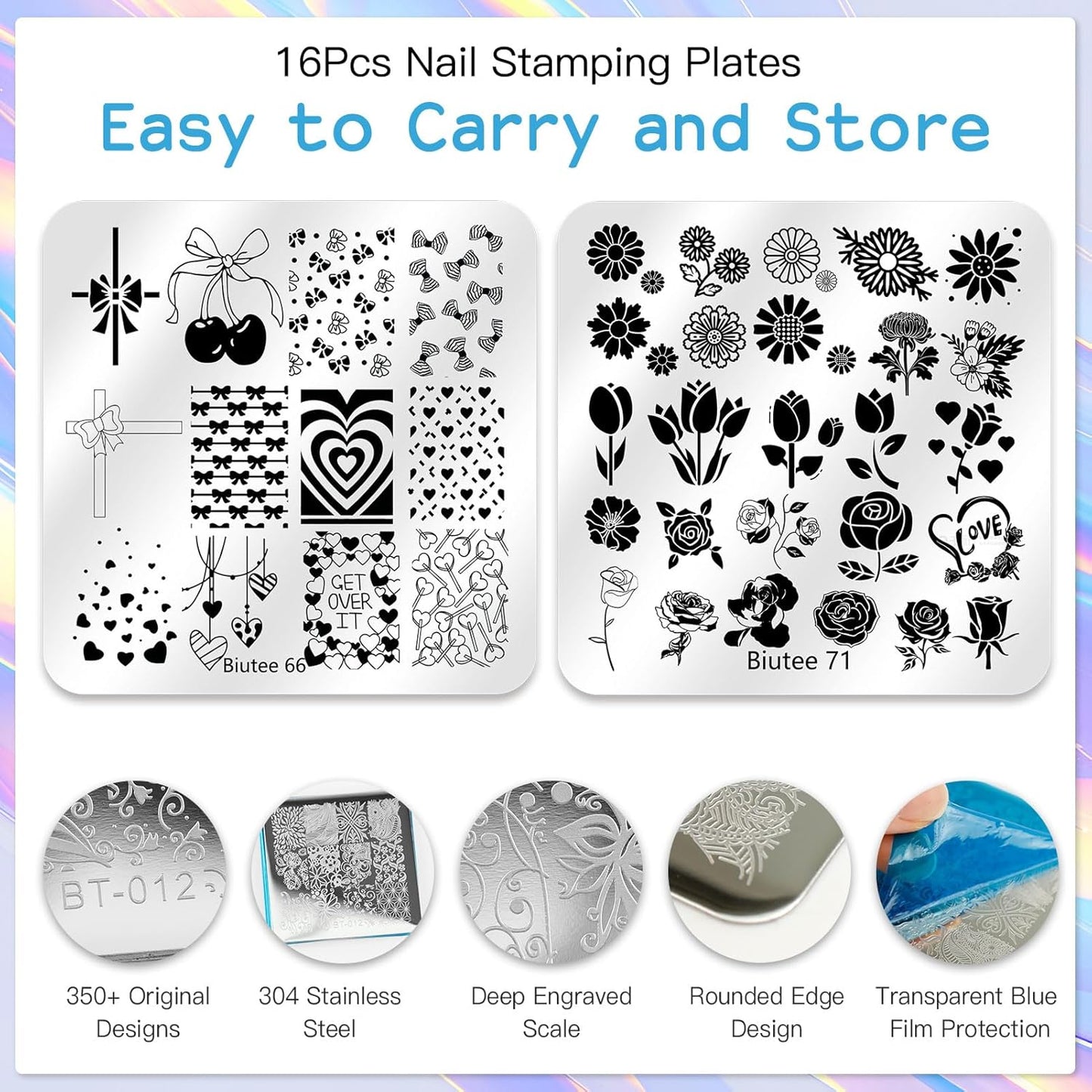 Biutee Nail Stamping Plate 20Pcs Nail Stamper Kit 16Pcs Nail Art Stamping Plates with Silicone Stamper, Scraper & Storage Bag, Stamp Plates Star Plaid Love Leaf Template Halloween Design Gift-Velvo Beauty