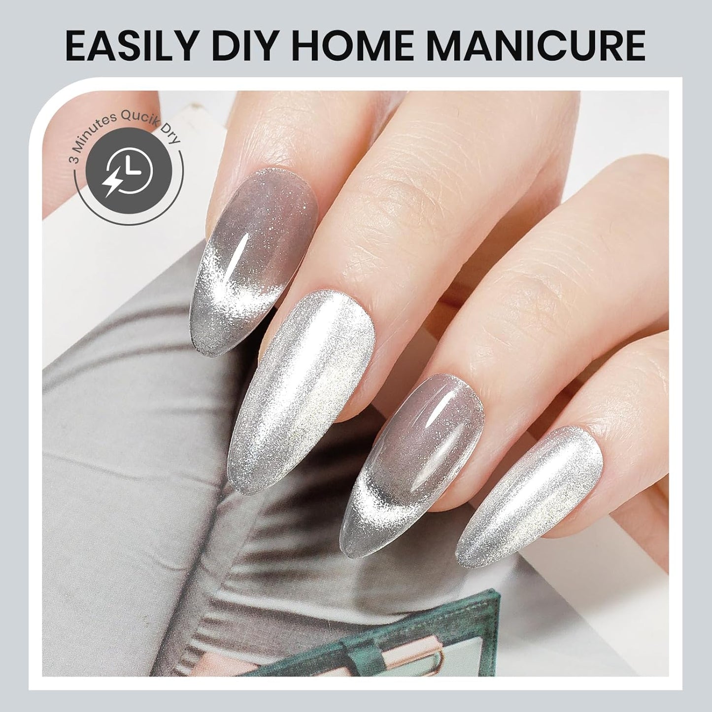 Silver Cat Eye Nail Polish Non Gel Quick Dry Glitter Magntic Nail Polish Cats Eye Toe Fingernail Air Drying Fast Lacquer Manicure Gift For Women Girls 16ml, 0.54fl oz-Velvo Beauty