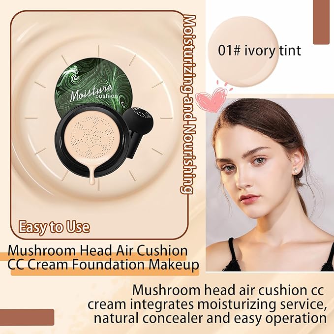 Mushroom Head Air Cushion CC Cream Foundation Makeup,Moisturizing Non-Greasy BB Cream Foundation,Long Lasting Matte Concealer Full Coverage Face Makeup Liquid Foundation for All Skin Types(Ivory)-Velvo Beauty