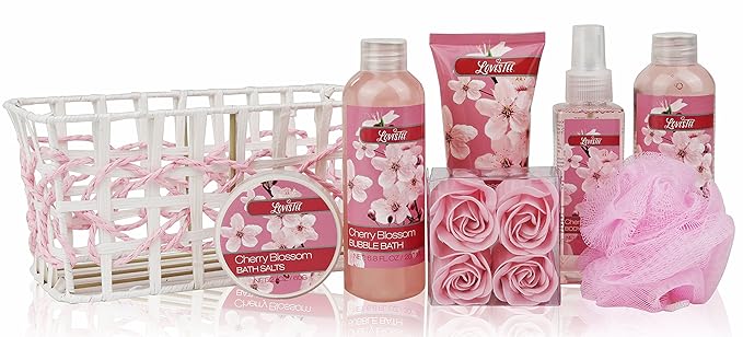 Spa Bath and Body - Spa Gift Baskets for Women & Girls, Cherry Fragrance, Spa Birthday Gift Includes Loofah Sponge, Bath Salt, Body Lotion, Soap Rose, Body Mist, Shower Gel Bubble Bath-Velvo Beauty