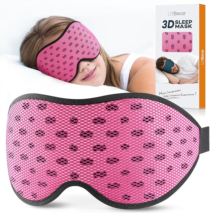 LitBear Breathable Sleep Mask, 3D Eye Mak Sleep for Side Sleepers Women Men, Light Blocking Sleeping Mask with Adjustable Strap, Soft Lightweight Eye Cover for Travel, Night Work, Nap, Office - Pink-Velvo Beauty