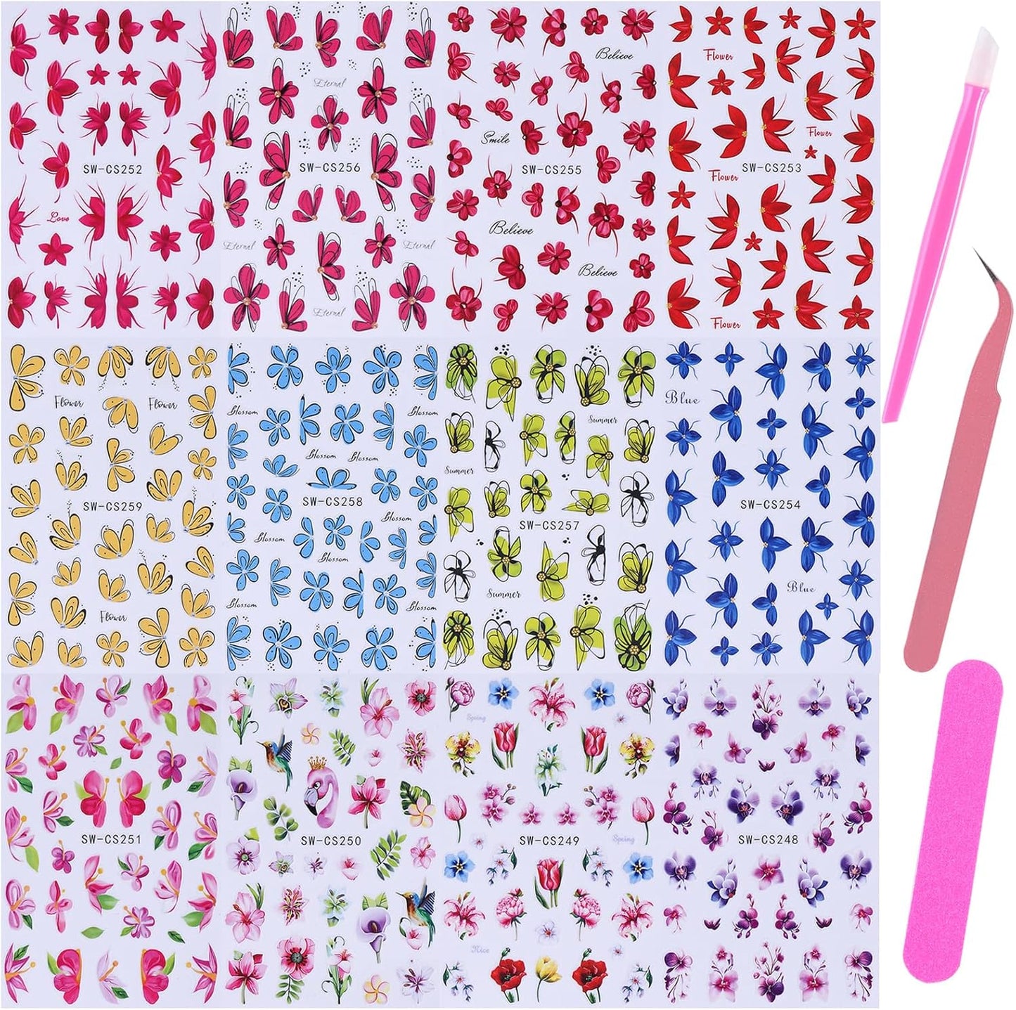 Flower Petal Nail Art Sticker 12 PCS Simple French Floral Nail Decals Lily Orchid Leaves Flamingo Designs with Tweezers Hot Pink Blue Purple Green Flower Sliders Nail Art Decoration DIY Accessories-Velvo Beauty