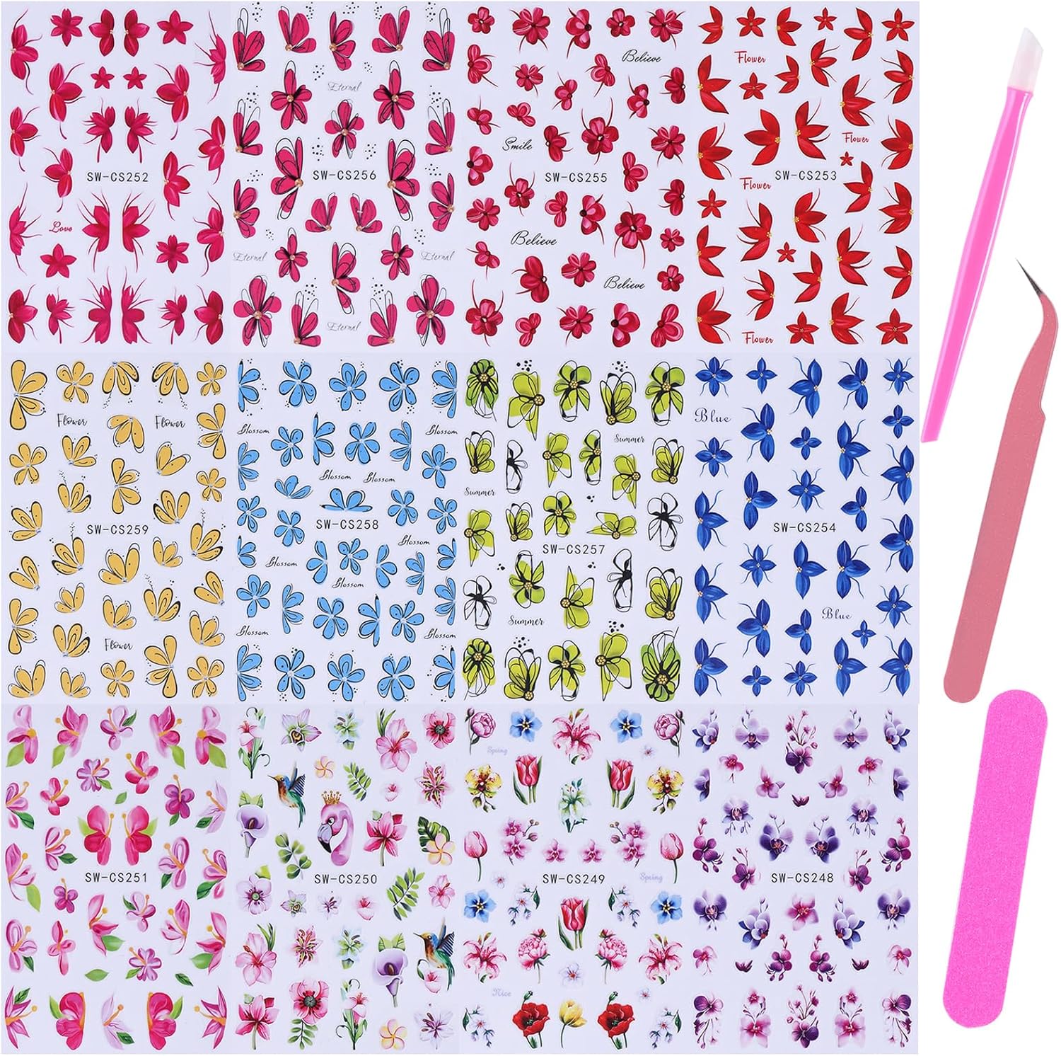 Flower Petal Nail Art Sticker 12 PCS Simple French Floral Nail Decals Lily Orchid Leaves Flamingo Designs with Tweezers Hot Pink Blue Purple Green Flower Sliders Nail Art Decoration DIY Accessories-Velvo Beauty