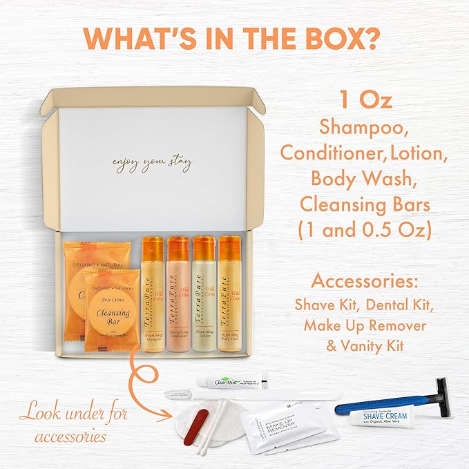 Terra Pure Amenity & Accessory Kit |1 oz Travel Size Shampoo, Conditioner, Lotion, Body Wash, 2 Cleansing Bars, Shave & Dental Sets, Make-Up Remover Wipes, & Vanity Kit | 1 set per case-Velvo Beauty