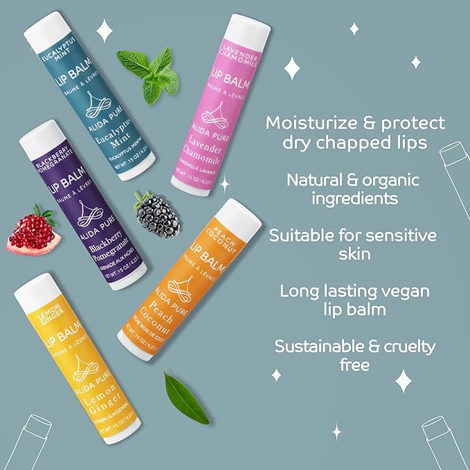 Duet Lip Balm Collection, Vegan Lip Balm Set, Beeswax Free, with Avocado Oil, Organic Jojoba Oil, and Vitamin E, Natural Moisturizer for Dry, Chapped Lips, 5 Tube Set-Velvo Beauty