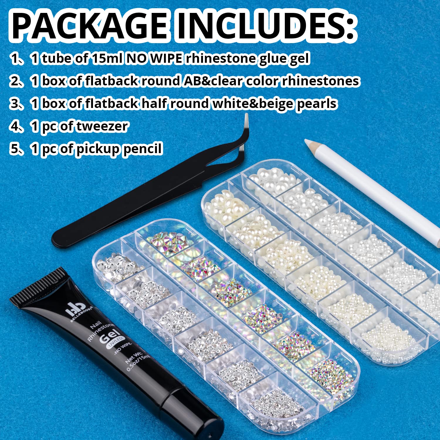 Nail Art Rhinestone Glue Gel&2 Boxes Flatback Gems Kit, 1 Tube of 15ml Rhinestone Gel Glue+Round AB&Clear Gems+Flat-Back Half Round White&Beige Pearls with Pickup Tools-Velvo Beauty