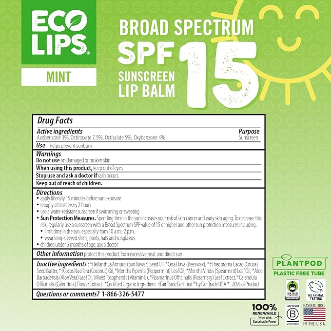 Eco Lips Classic Mint Broad Spectrum Sunscreen Lip Balm 6-Pack - 100% Plastic-Free Plant Pod Packaging - Made in USA-Velvo Beauty
