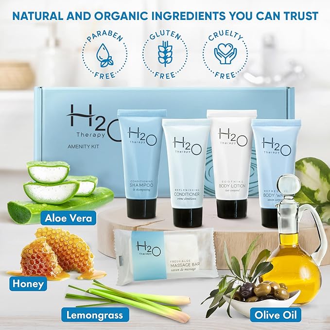 H2O Therapy Amenity & Accessory Kit | 0.85 oz Travel Size Shampoo, Conditioner, Lotion, Body Wash, Massage Bar, Cleansing Bar, Shave & Dental Sets, Make-Up Remover Wipes, & Vanity Kit | 60 sets/case-Velvo Beauty