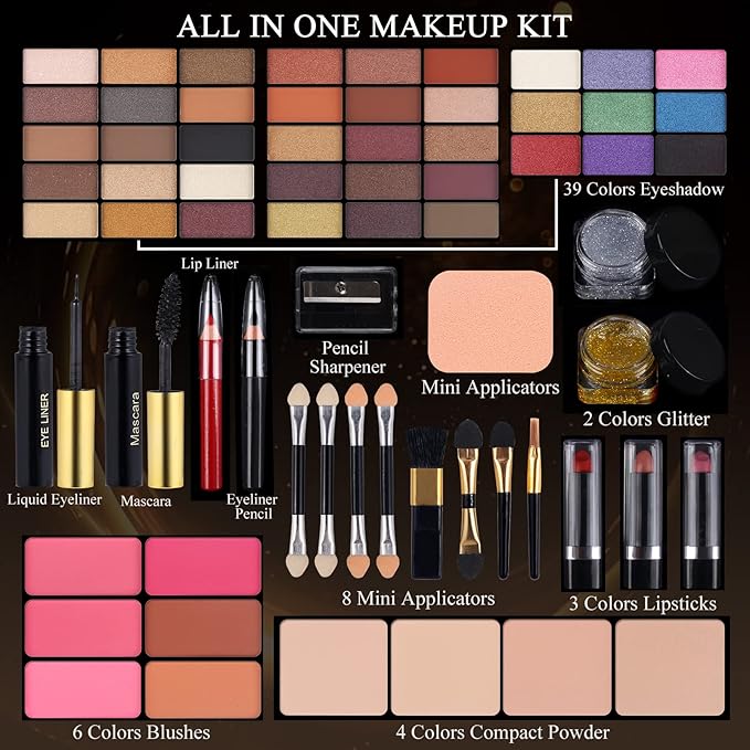 Professional Makeup Kit for Women Girls Full Kit with Mirror 58 Colors All in One Make up Gift Set Included Eyeshadow,Compact Powder,Blusher,Lipstick,Eyebrow Pencil,Gitter Gel,Eyeliner,Mascara (Y)-Velvo Beauty