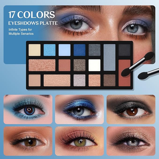 Color Nymph Beginner Makeup Kit For Teens, Girls Makeup kits With Recyclable And Key-Lockable Cabinet Included 17-Colors Eyeshadows Blushes Bronzer Highlighter Lipstick Brushes Mirror(Blue)-Velvo Beauty