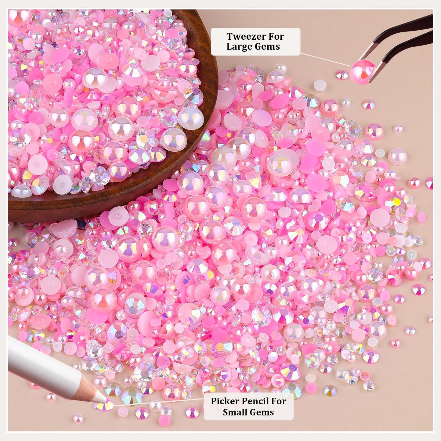 9000PCS Flatback Pearls and Rhinestones for Bedazzling, Pink White Mixed Size 3-8mm Resin Rhinestones and Half Pearls for Crafting, Nail Art and Grad Cap Decoration with Tweezers and Pickup Pencil-Velvo Beauty