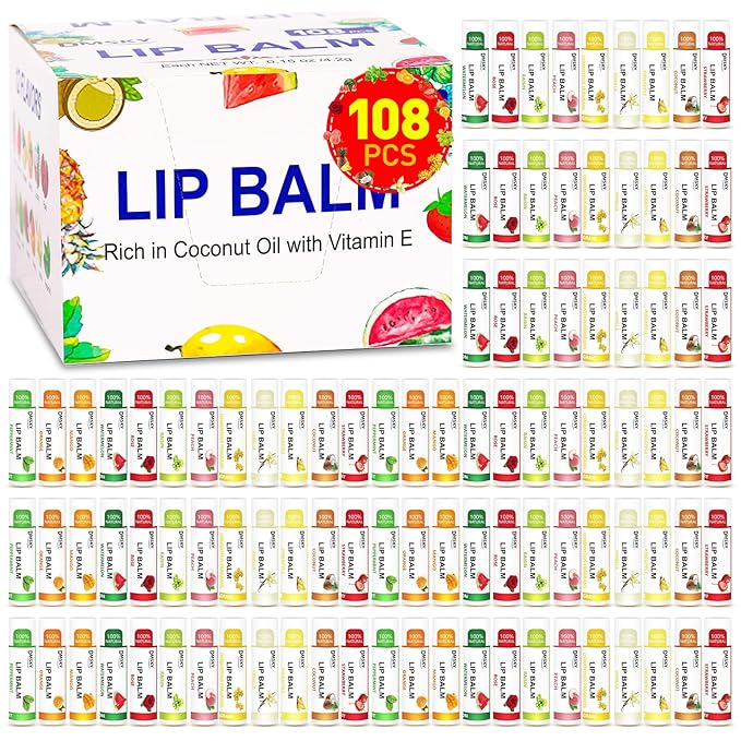 DMSKY 108 Pack Lip Balm, Natural Lip Balm Bulk with Vitamin E and Coconut Oil, Moisturizing Lip Balm for Dry Cracked Lips, Lip Balm for Stocking Stuffers-12 Flavors-Velvo Beauty