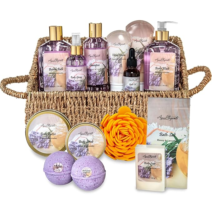 Bath Spa Gift Sets - Luxury Basket With Honey & Lavender - Spa Kit Includes Wash, Bubble Bath, Lotion, Bath Salts, Body Scrub, Body Spray, Shower Puff, Bathbombs, Soap and Towel-Velvo Beauty