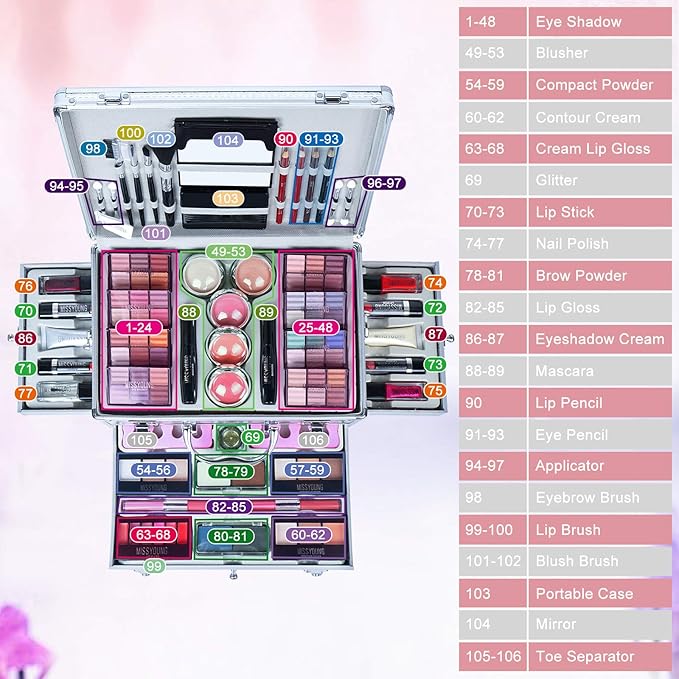 All-in-One Makeup Gift Set Carry All Makeup Kit for Women Full Kit With Aluminum Case Lipgloss Lipstick Concealer Blush Foundation Face Powder Eyeshadow Palette Cosmetic Palette #2-Velvo Beauty