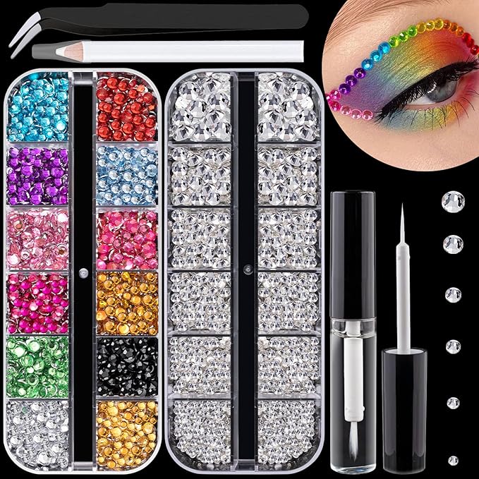 Flat Back Rhinestone Kits Colorful Rhinestones+Transparent White Gems With Quick Dry Makeup Glue+Picker Pencil+Tweezer For Nail Art And Face Make-up-Velvo Beauty