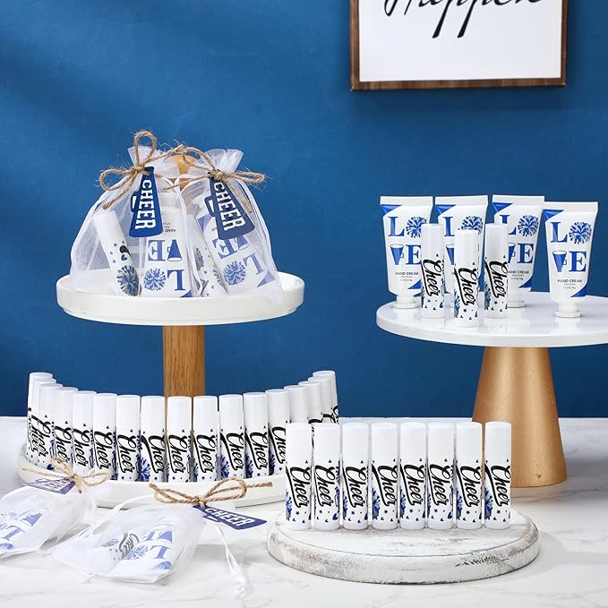 144 Pcs Blue Cheer Favors Natural Bulk Lip Balm and Hand Cream Set, Include 36 Lip Balm 36 Moisturizing Hand Cream 36 Bags 36 Card and Rope cheer accessories for Team Sports Party Supplies-Velvo Beauty