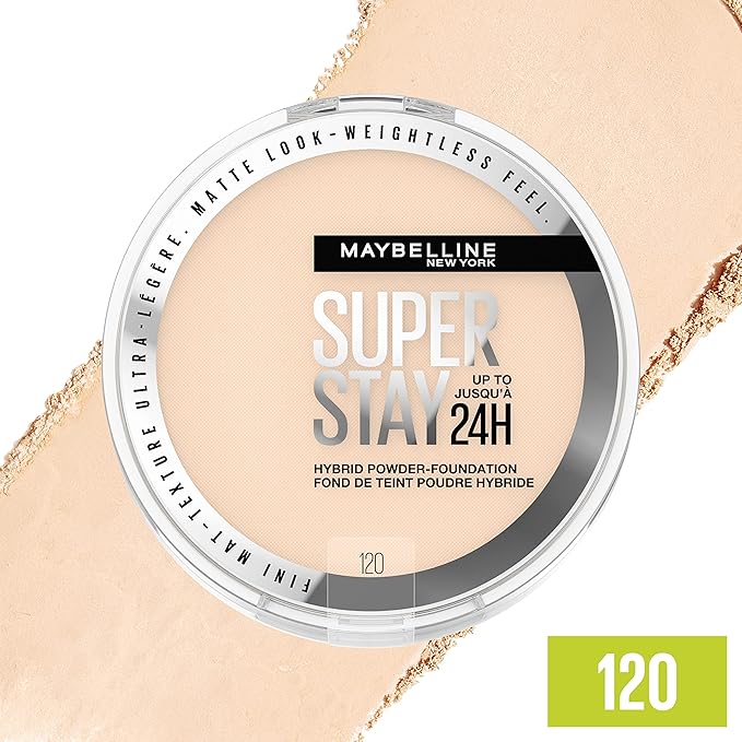 Maybelline Super Stay Up to 24HR Hybrid Powder-Foundation, Medium-to-Full Coverage Makeup, Matte Finish, 120, 1 Count-Velvo Beauty