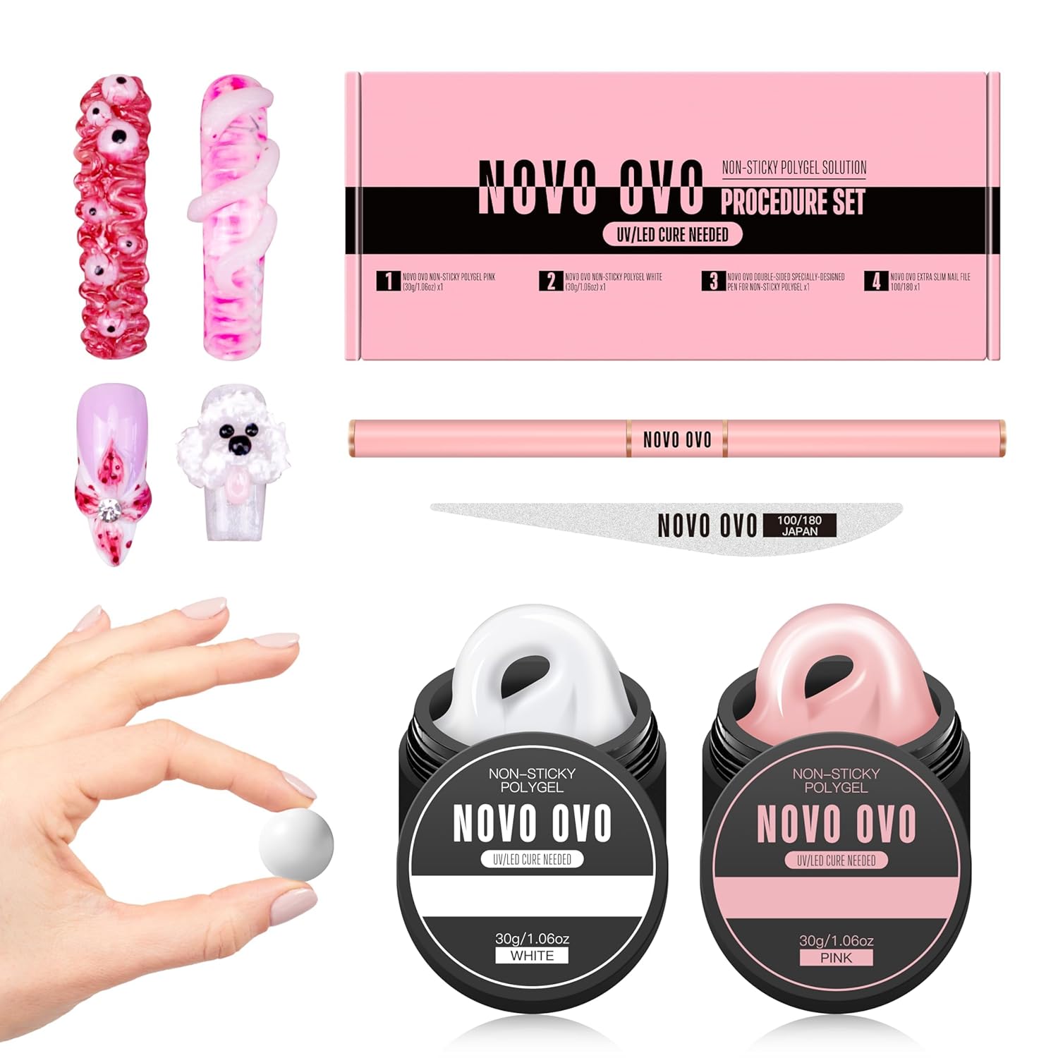 Upgraded NON-STICKY Polygel Solution Procedure Set, White and Pink non-sticky Poly Gel, Dual-Ended Nail Pen, Extra Slim Nail File, Easy to Use Together with Toe or Hand Nail Dual Forms-Velvo Beauty