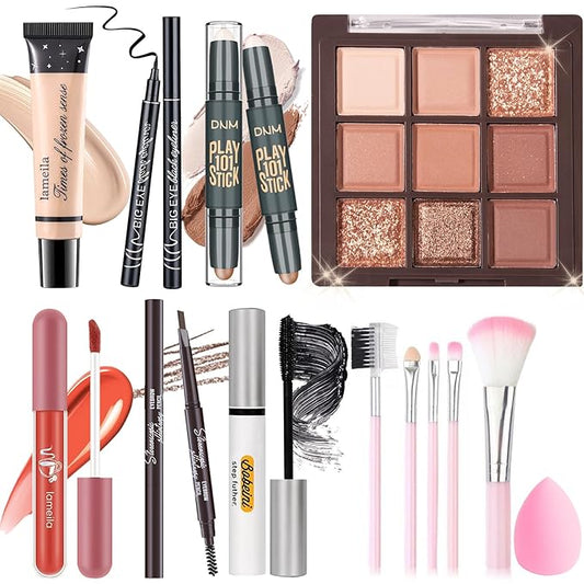 Makeup Set Kit for Women Girls Teens, Makeup Present Set, Includes 9 Color Eyeshadow, Counter Stick, Foundation, Eyebrow Pencil, Eyeliner, Mascara, Lip Gloss, 5Pcs Brushes, Sponge-Velvo Beauty