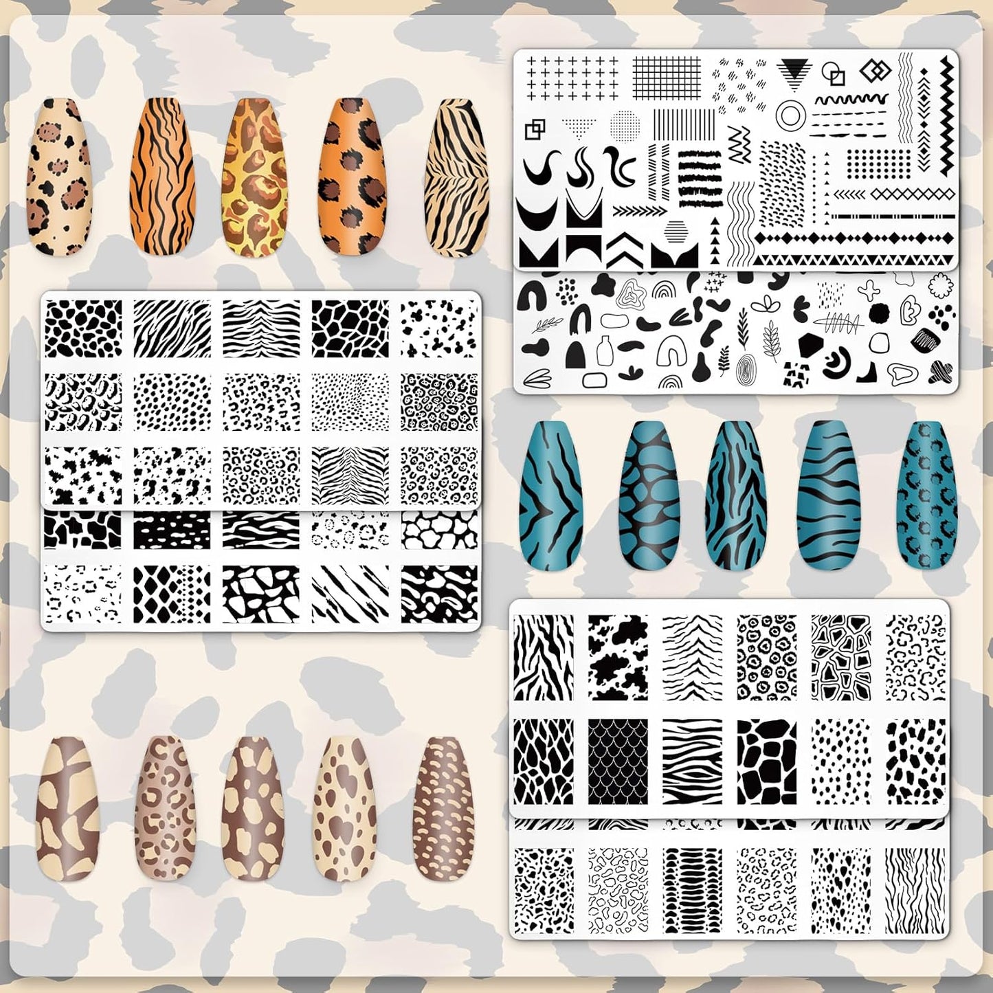 Whaline 6Pcs Animal Print Nail Plates Stamping Set Leopard Print Stamp Templates Nail Art Plates for DIY Print Manicure Salon Design Gift-Velvo Beauty