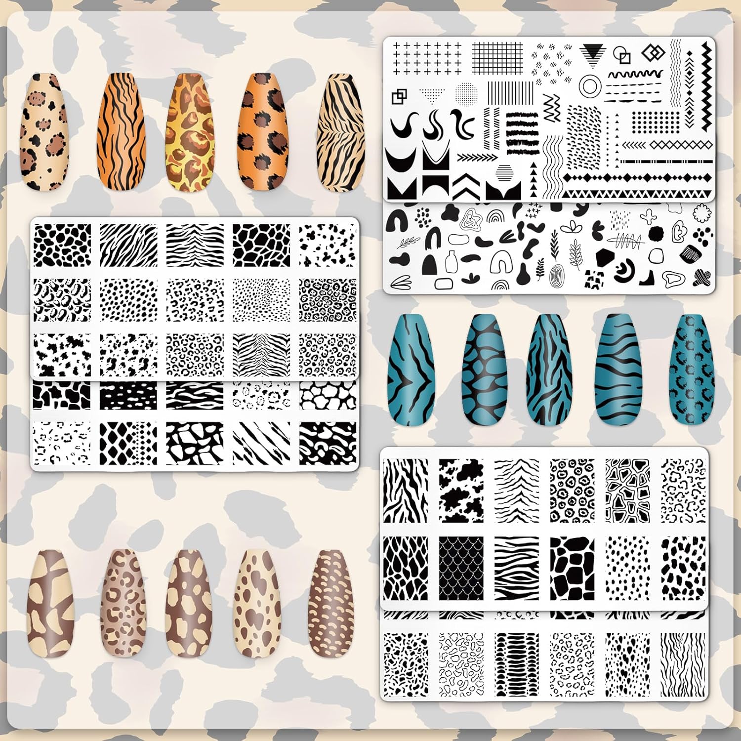 Whaline 6Pcs Animal Print Nail Plates Stamping Set Leopard Print Stamp Templates Nail Art Plates for DIY Print Manicure Salon Design Gift-Velvo Beauty