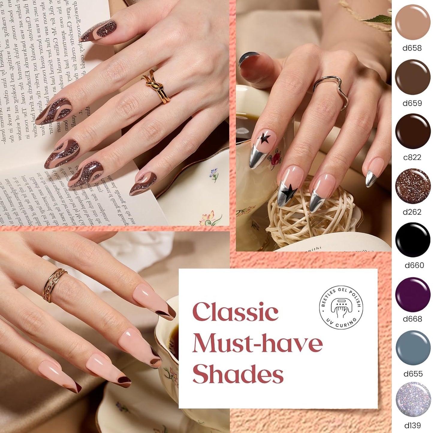 Beetles Gel Polish Liner Nail Art Set, 50 Colors Spring Summer Reflective Glitter Pink Red Blue Green Silver Gel Polish Soak Off UV Built Thin Brush in Bottle Nail Design Polish Rainbow Nails-Velvo Beauty