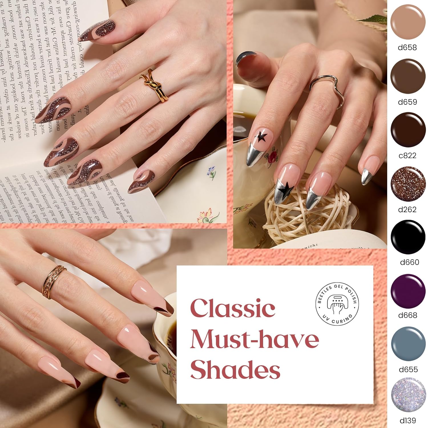 Beetles Gel Polish Liner Nail Art Set, 50 Colors Spring Summer Reflective Glitter Pink Red Blue Green Silver Gel Polish Soak Off UV Built Thin Brush in Bottle Nail Design Polish Rainbow Nails-Velvo Beauty