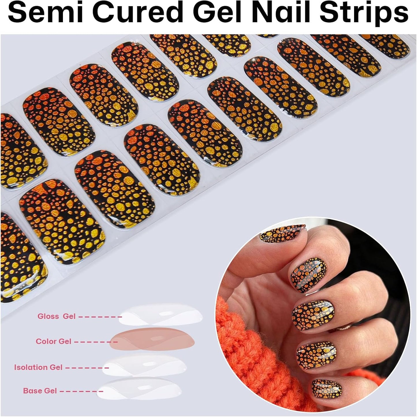 Semi Cured Gel Nail Strips with Gold and Black Designs Fall Gel nail stickers Sparkly Glossy Nail strips Salon Quality & Easy to Use 20 Pcs for Women-Velvo Beauty