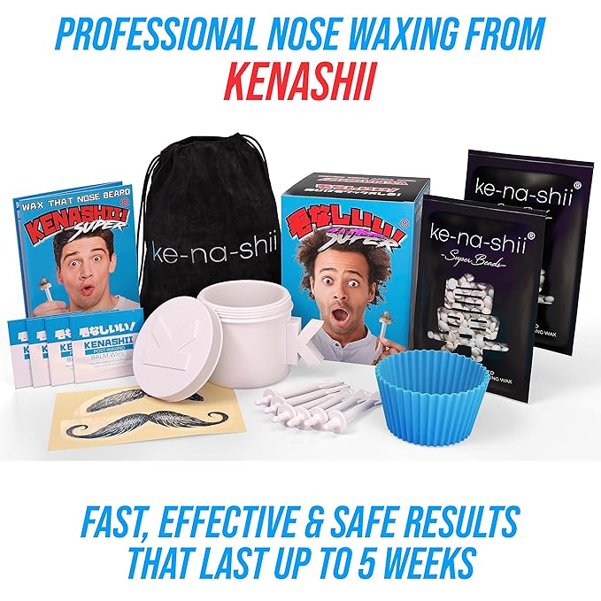 Kenashii Super Nose Waxing Kit | 100g Wax, 24 Applicators | No Microwave Required | Ear Hair Removal | For Men and Women | 12 Balm Wipes, Mustache Guards, Storage Bag-Velvo Beauty