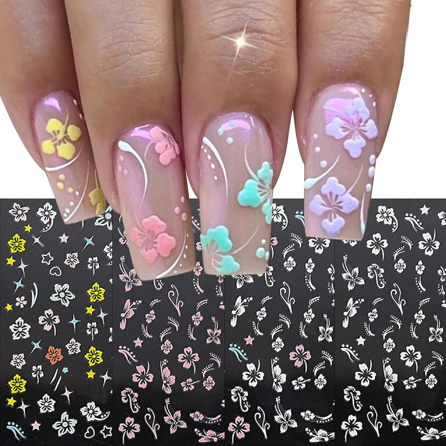 8 Sheets 3D Colored Flower Nail Stickers Summer Hibiscus Nail Decals 3D Self-Adhesive White Pink Gold Flower Pattern Women's Nail Art Supplies Decoration Accessories-Velvo Beauty