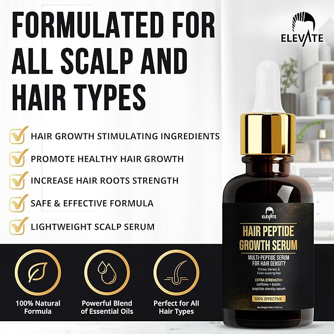 Elevate Multi-Peptide Hair Growth Serum Caffeine + Biotin Peptide Density for Fuller Thicker Visibly Longer Natural Hair Regrowth – Vegan Safe & Gentle Scalp Serum Formula Treatment for Thinning Loss-Velvo Beauty