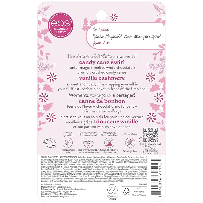EOS Limited Edition Holiday Collection- Candy Cane Swirl Lip Balm & Vanilla Cashmere Hand Cream, 24-Hour Hydration, 2-Pack, Clear-Velvo Beauty