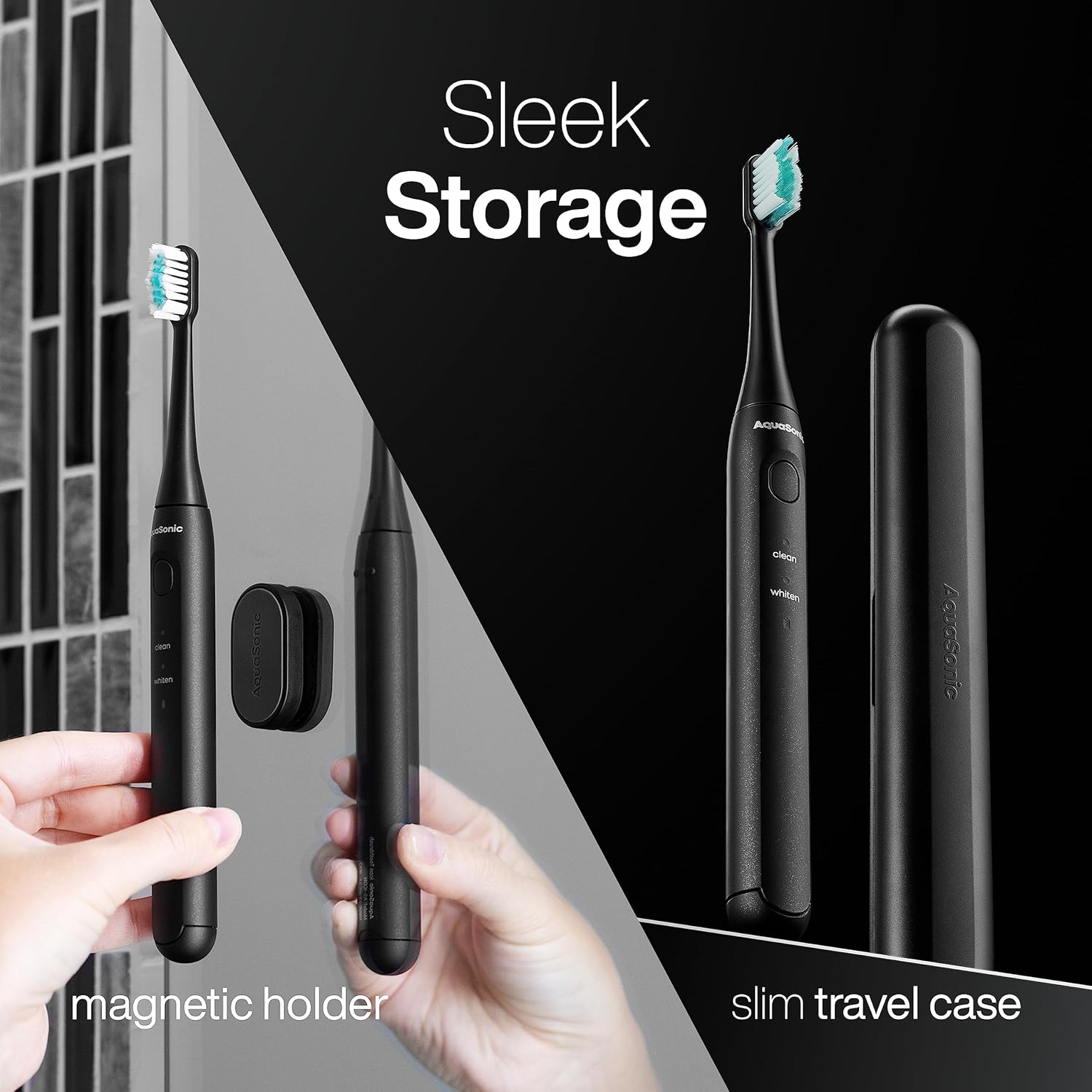 Aquasonic Icon ADA-Accepted Rechargeable Toothbrush | Magnetic Holder & Slim Travel Case | 2 Brushing Modes & Smart Timers | Gentle Micro-Vibrations(Onyx)-Velvo Beauty