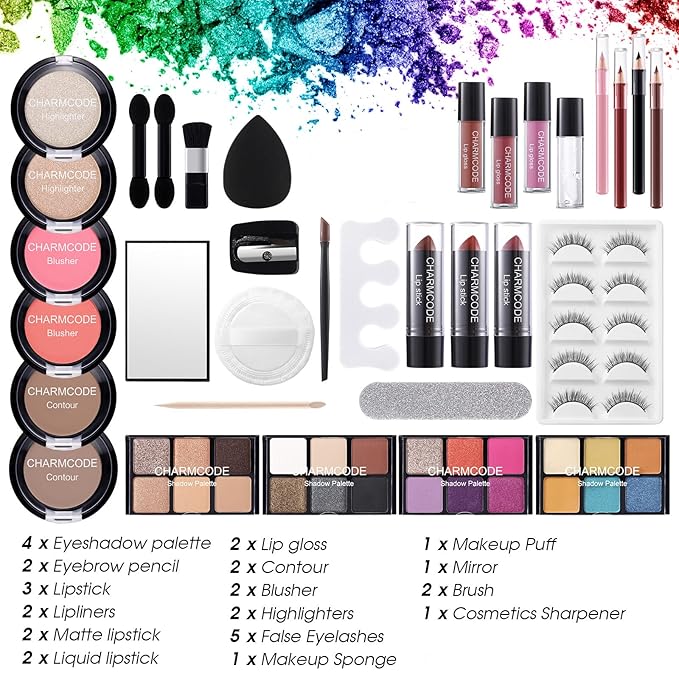 Makeup Kit for Women Full Kit - Eyeshadow Palette, Lipsticks, Lipgloss, Blushes, Contour, Highlighters, Makeup Pencil, False Eyelashes, Re-usable Train Case Gift Set for Teen Girls Starters Pros-Velvo Beauty