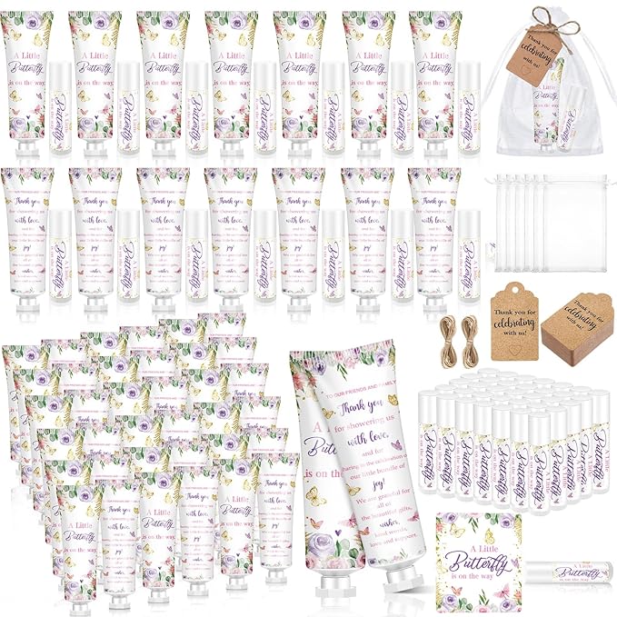 50 Sets 200 Pcs Baby Shower Hand Lotion and Lip Balm Gift Theme Baby Shower Party Favors Travel Size Hand Lotion and Lip Balm Bulk with Organza Bags Tags(Butterfly)-Velvo Beauty