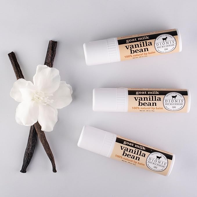 Dionis Goat Milk Skincare Vanilla Bean Holiday Lip Balm Gift Set - Beeswax, Shea Butter & Coconut Oil Lip Care Products Made in The USA - Cruelty Free Lip Moisturizer For Chapped Lips, 0.28oz 3 Pack-Velvo Beauty